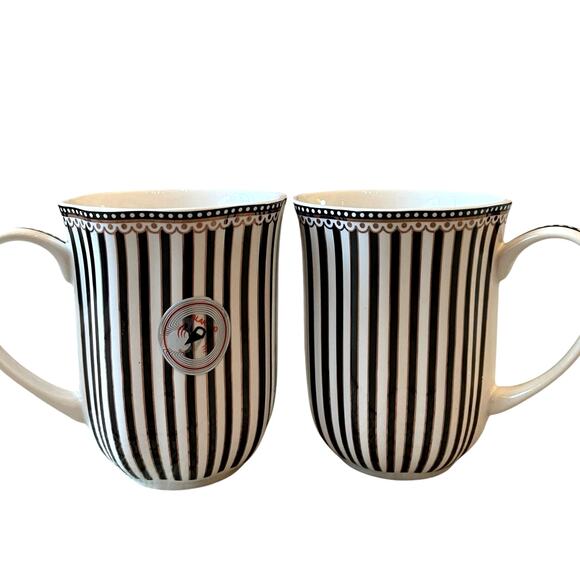 Grace Teaware Porcelain Coffee Mug Set of 2 Black & White Stripe Gold Accent New - Picture 8 of 16